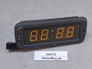 Zegar autobusowy wyświetlający czas, ELLAMP 4991054, TEMSA SAFARI, kostka 4 PINy, widoczne pęknięcie na środku zegara