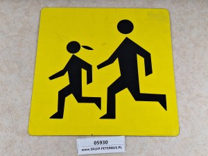 Tablica UWAGA dzieci, ostrzegawcza, żółta, z symbolem dzieci, metalowa, wymiary ok. 30 x 30 cm